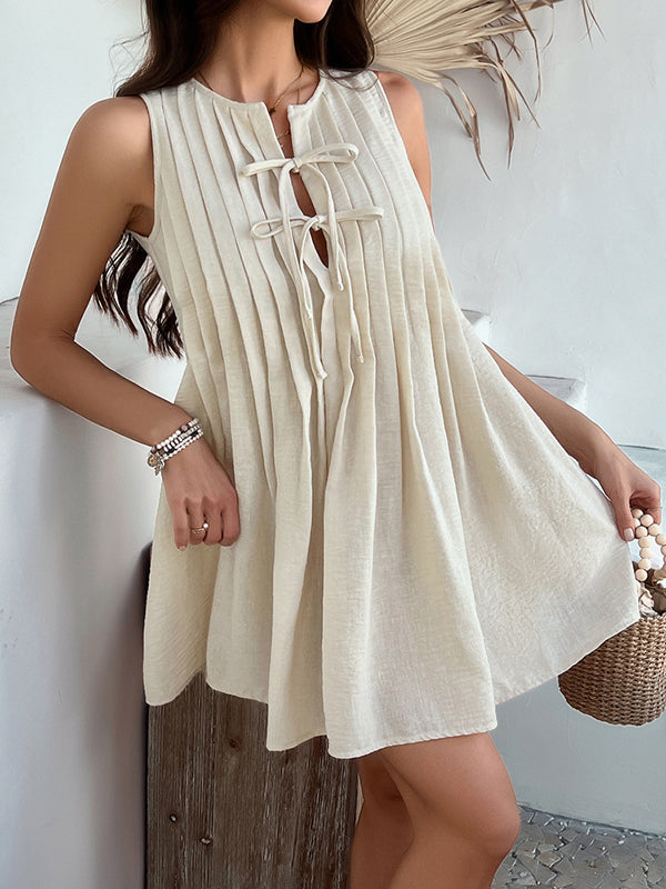 A-Line Loose Pleated Solid Color Tied Round-Neck Mini Dresses Vest Top