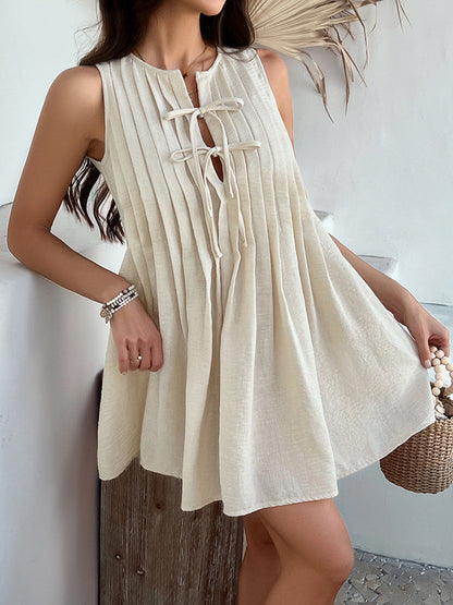 A-Line Loose Pleated Solid Color Tied Round-Neck Mini Dresses Vest Top