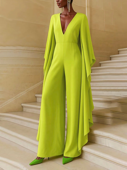 Flared Sleeves High Waisted Solid Color Deep V-Neck Jumpsuits