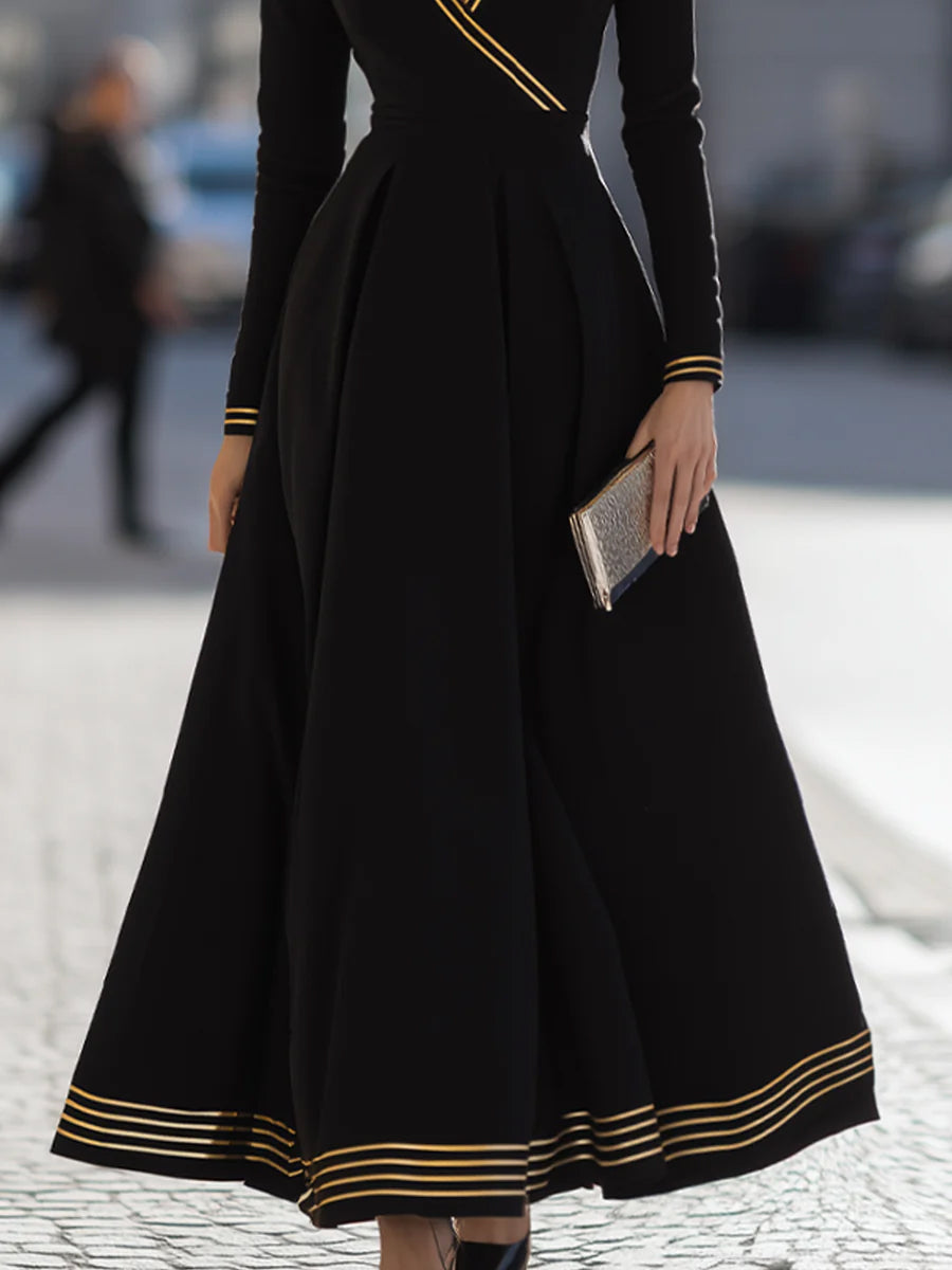 High Waisted Long Sleeves Contrast Color Pleated Split-Joint Deep V-Neck Maxi Dresses