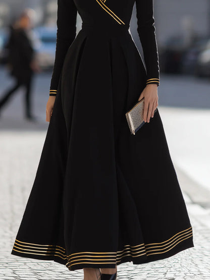 High Waisted Long Sleeves Contrast Color Pleated Split-Joint Deep V-Neck Maxi Dresses