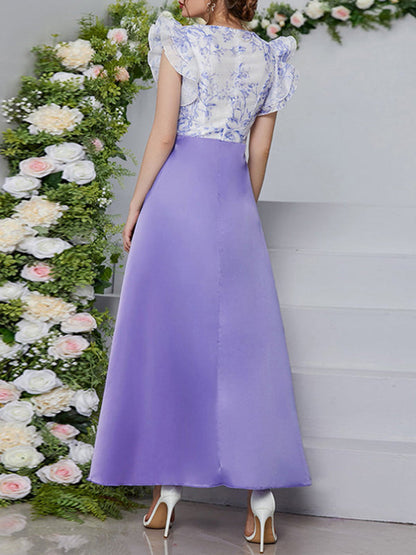 High Waisted Petal Sleeves Printed Split-Joint Deep V-Neck Maxi Dresses