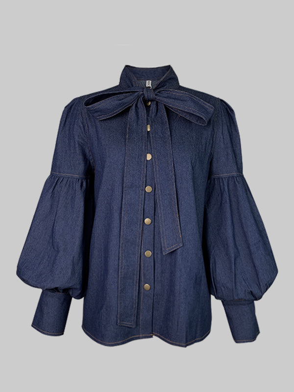 Tied Split-Joint Buttoned Bow-Embellished Puff Sleeves Long Sleeves High Neck Blouses&shirts Tops