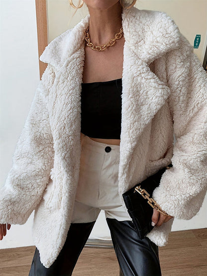 Manteau à manches longues, poches boutonnées amples, couleur unie, velours, col cranté 