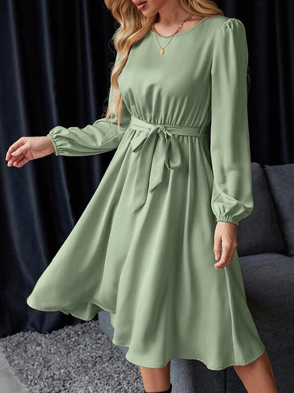 Loose Puff Sleeves Elasticity Pleated Solid Color Split-Joint Tied Waist Round-Neck Midi Dresses