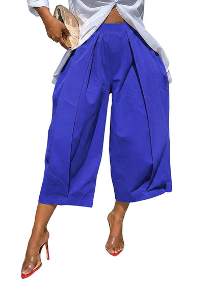 Solid Color Pockets Pleated Wide Leg Loose Pants