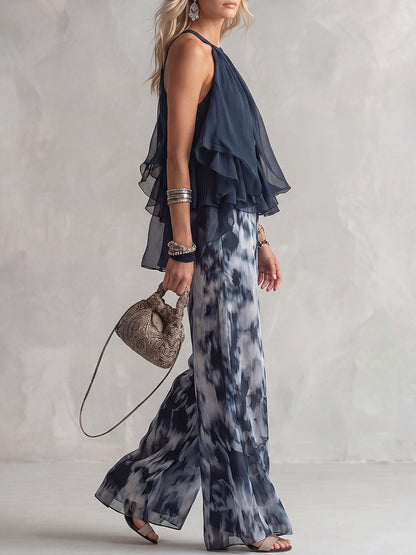 High Waisted Wide Leg Contrast Color Printed Pants Trousers