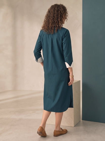 Split-side Pockets Contrast Color Buttoned Three-quarter Sleeves Loose Lapel Shirt Dress Midi Dresses
