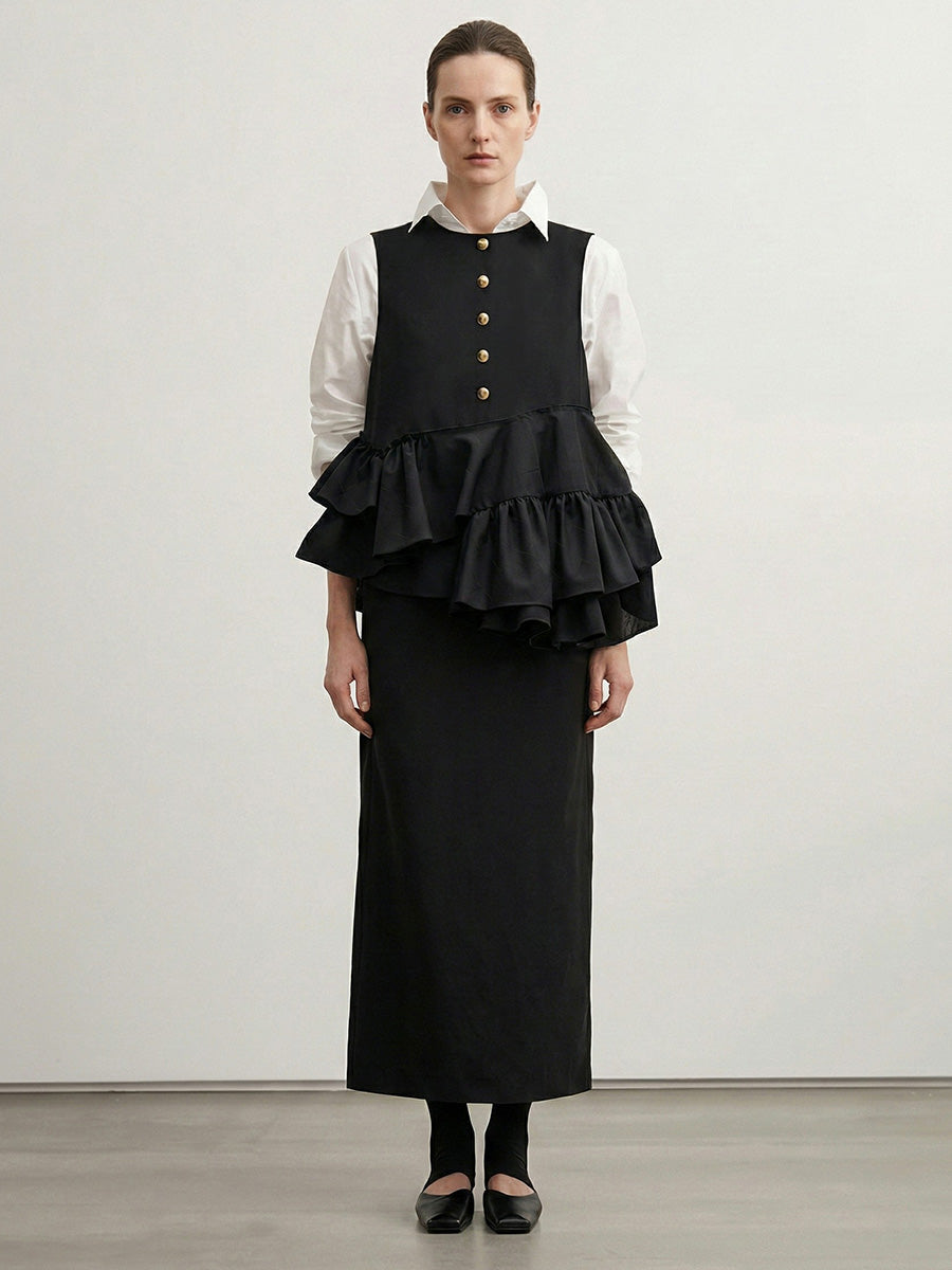 Column Irregularity Asymmetric Buttoned Contrast Color Layered Ruffled Split-Joint Lapel Maxi Dresses Shirt Dress