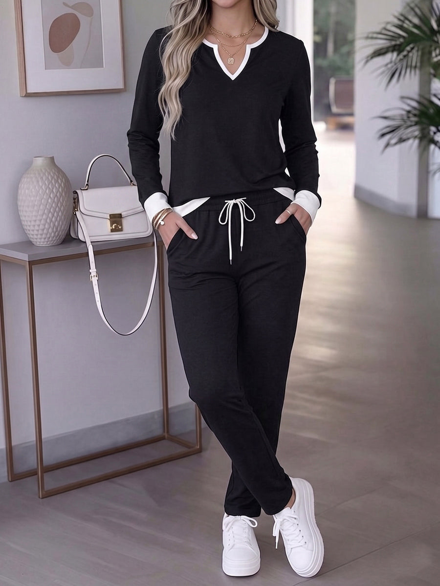 Pockets Drawstring Contrast Color Long Sleeves High Waisted V-neck Two Pieces Set
