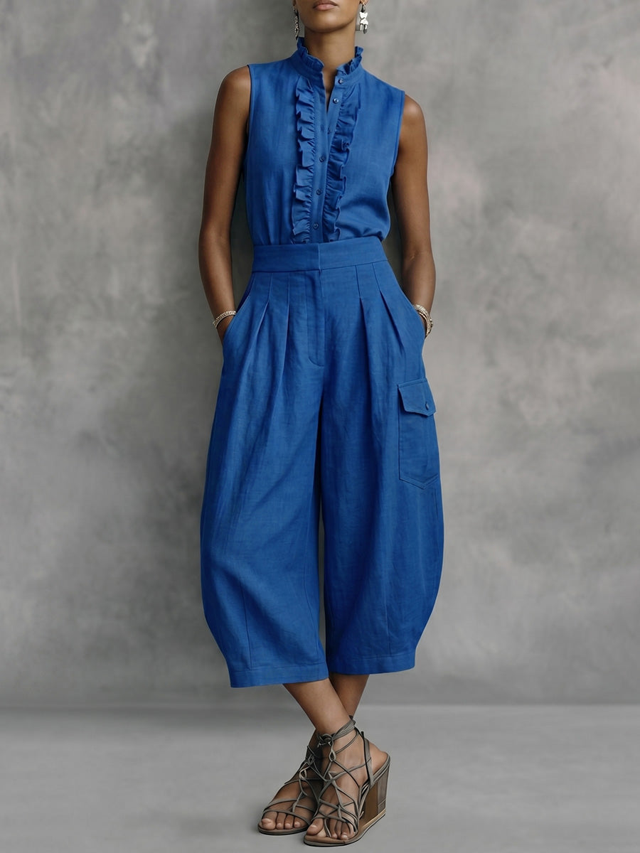 Sleeveless Buttoned Ruffled Solid Color Stand Collar Blouses&Shirts Tops