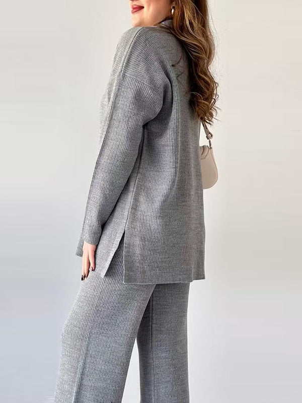 Loose Long Sleeves Solid Color Split-Side Lapel Sweater Top + Pants Two Pieces Set