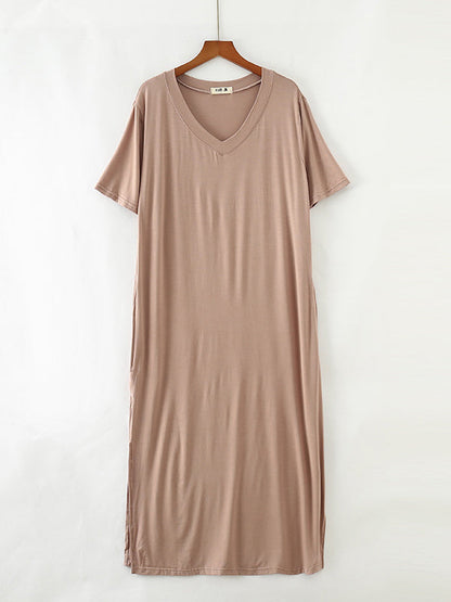 Simple Short Sleeves Loose Split-Side Solid Color V-Neck Pajamas Dress