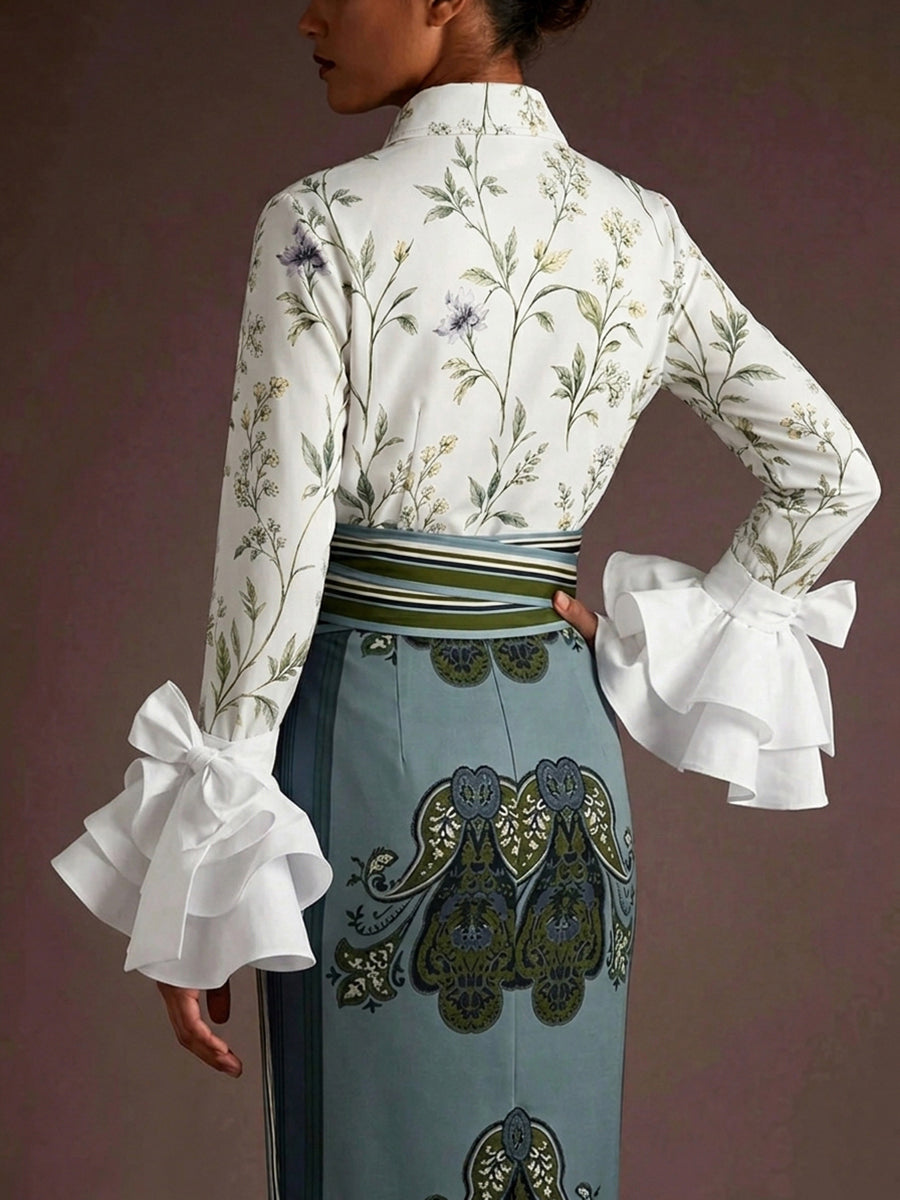 Long Sleeves Ruffle Sleeves Buttoned Flower Print Lapel Blouses&Shirts Tops