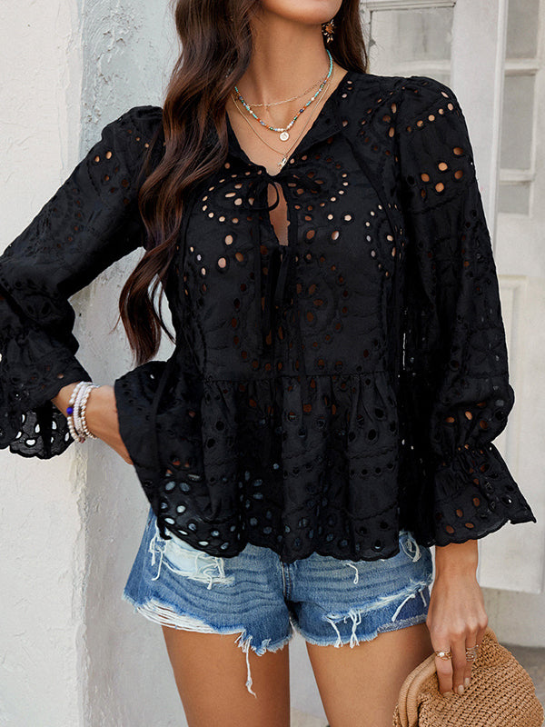 Long Sleeves Loose Elasticity Hollow Pleated Solid Color Tied Round-Neck Blouses&Shirts Tops