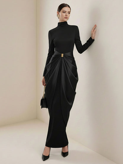 Long Sleeves Buckle Draped High-Neck Evening Dresses Maxi Dresses