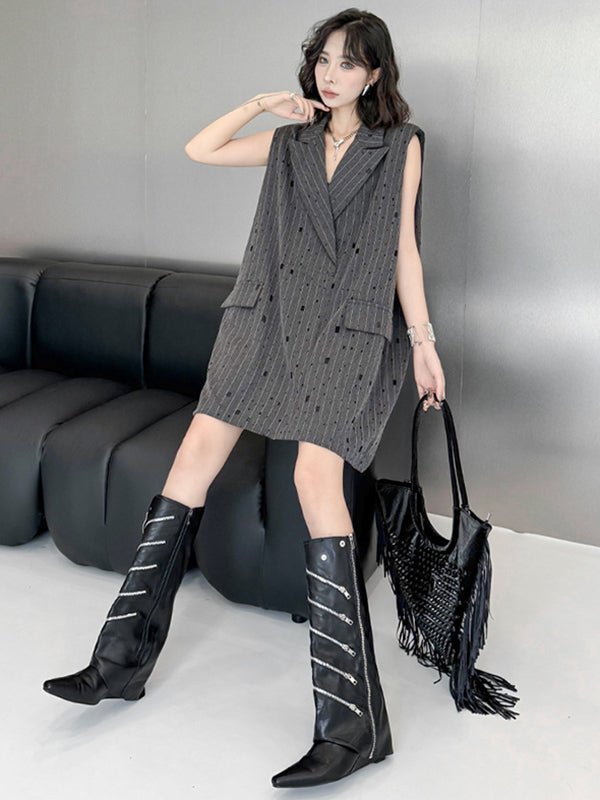 Loose Sleeveless Striped Lapel Vest Top