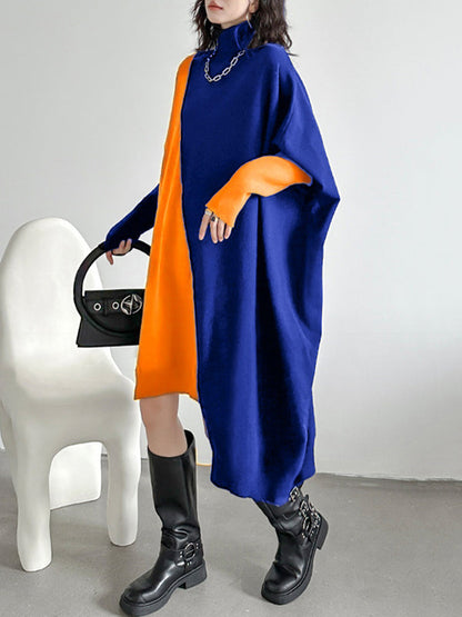 Batwing Sleeves Hipster Asymmetric Contrast Color Split-Joint High-Neck Midi Dresses Sweater Dresses