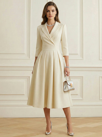 A-Line Elasticated Waist Big Hemline Pleated Solid Color Split-Joint Notched Collar Blazer Midi Dresses