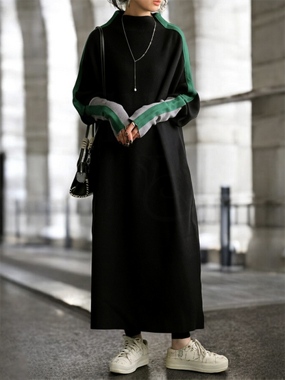 Long Sleeves Loose Contrast Color Stand Collar Maxi Dresses
