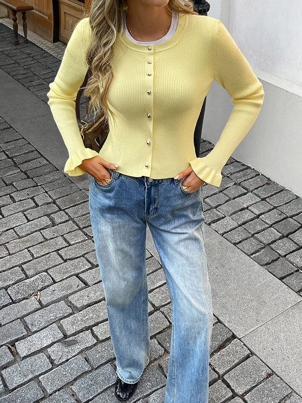Long Sleeves Ruffle Sleeves Buttoned Ribbed Knit Single-Breasted Solid Color Collarless Cardigan Tops Outerwear
