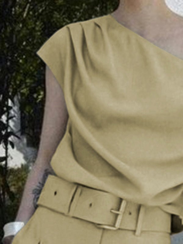 Loose Short Sleeves Solid Color One-Shoulder T-Shirts Tops