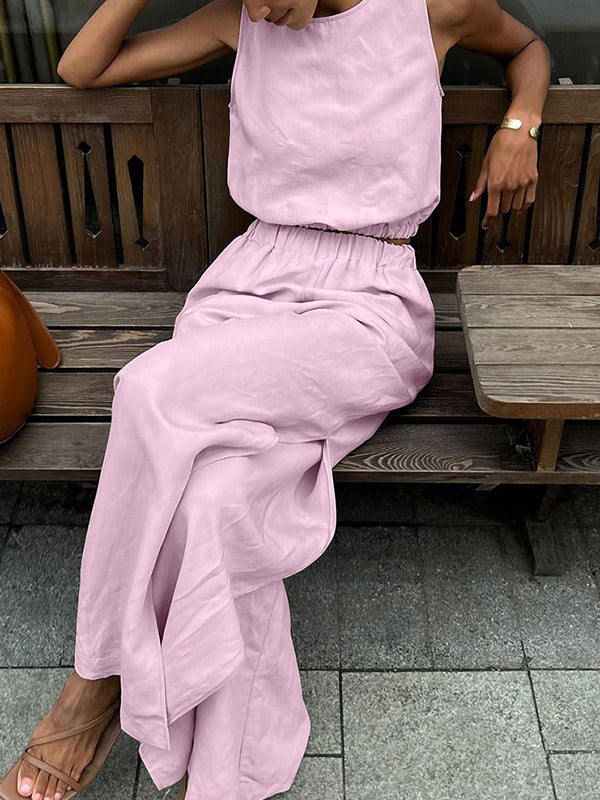 Loose Elasticity Solid Color Split-Joint Round-Neck Vest + High Waisted Split-Side Pants Two Pieces Set