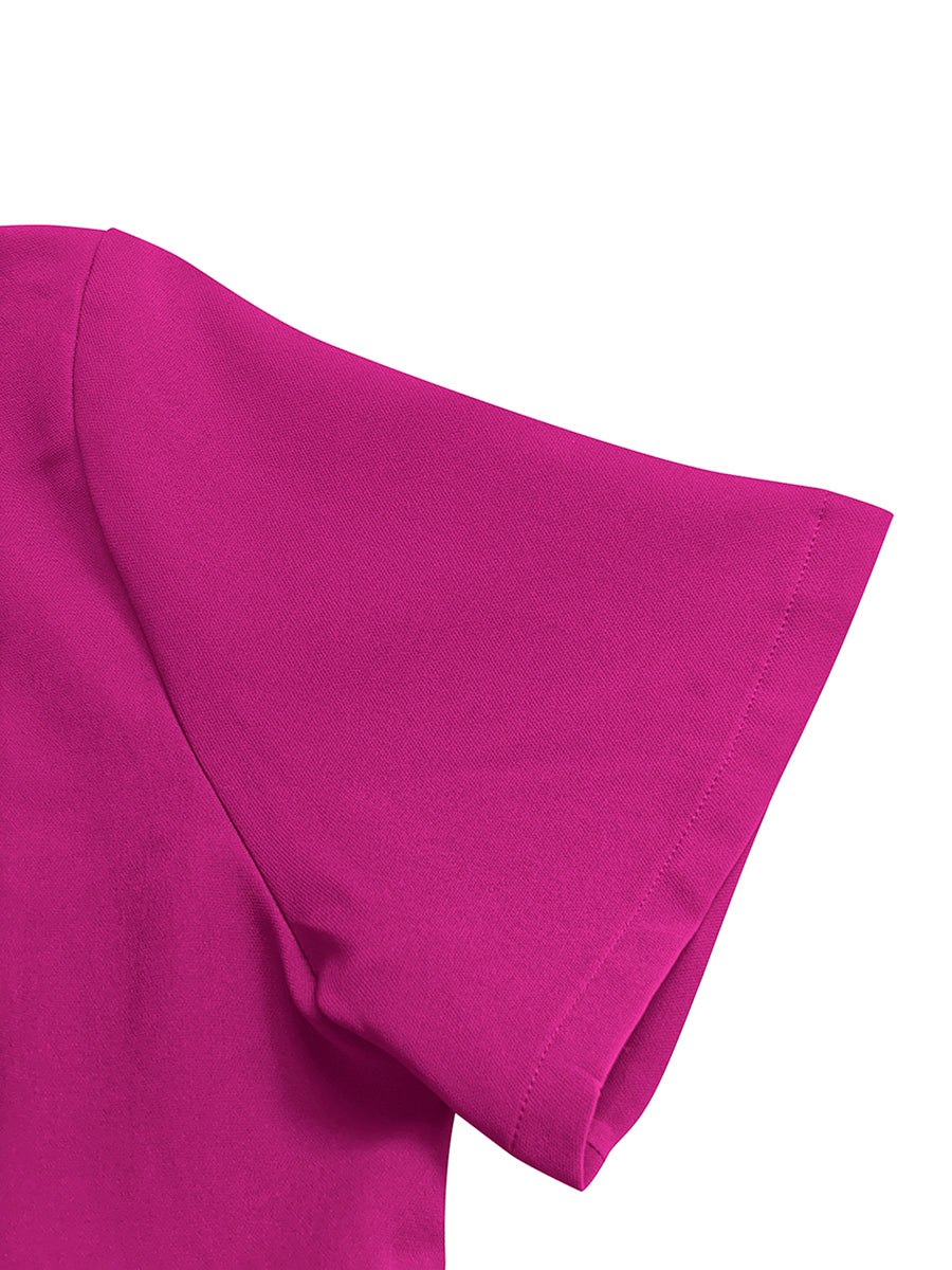 Split-Joint Solid Color Pleated Short Sleeves Loose Round-Neck Maxi Dresses