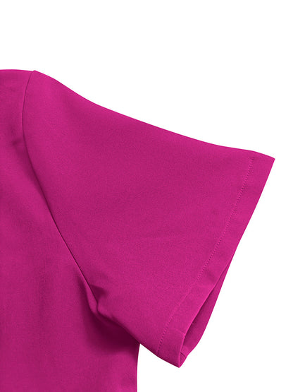 Split-Joint Solid Color Pleated Short Sleeves Loose Round-Neck Maxi Dresses