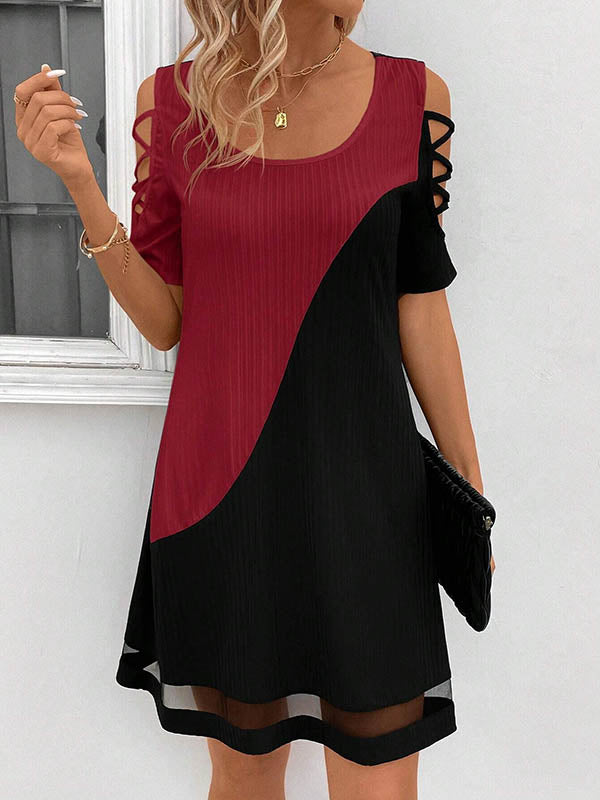A-Line Loose Contrast Color Hollow Mesh Split-Joint Cold Shoulder Mini Dresses