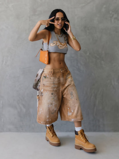 High Waisted Wide Leg Pockets Wash Painting Jean Pants Bottoms