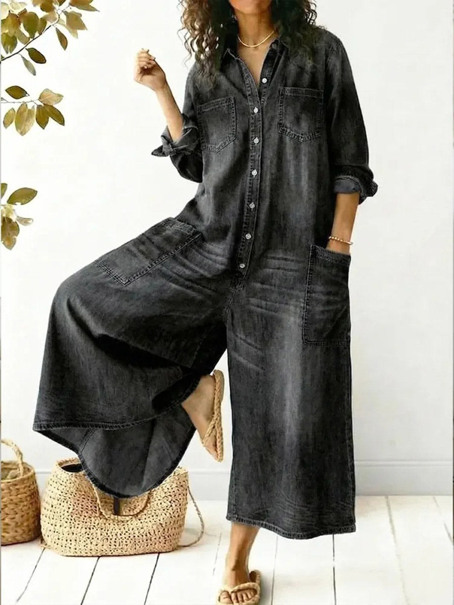 Split-Joint Solid Color Pockets Buttoned Wide Leg Plus Size Lapel Jumpsuits