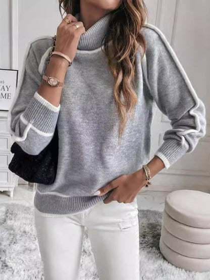 Long Sleeves Loose Contrast Color Split-Joint High Neck Sweater Tops