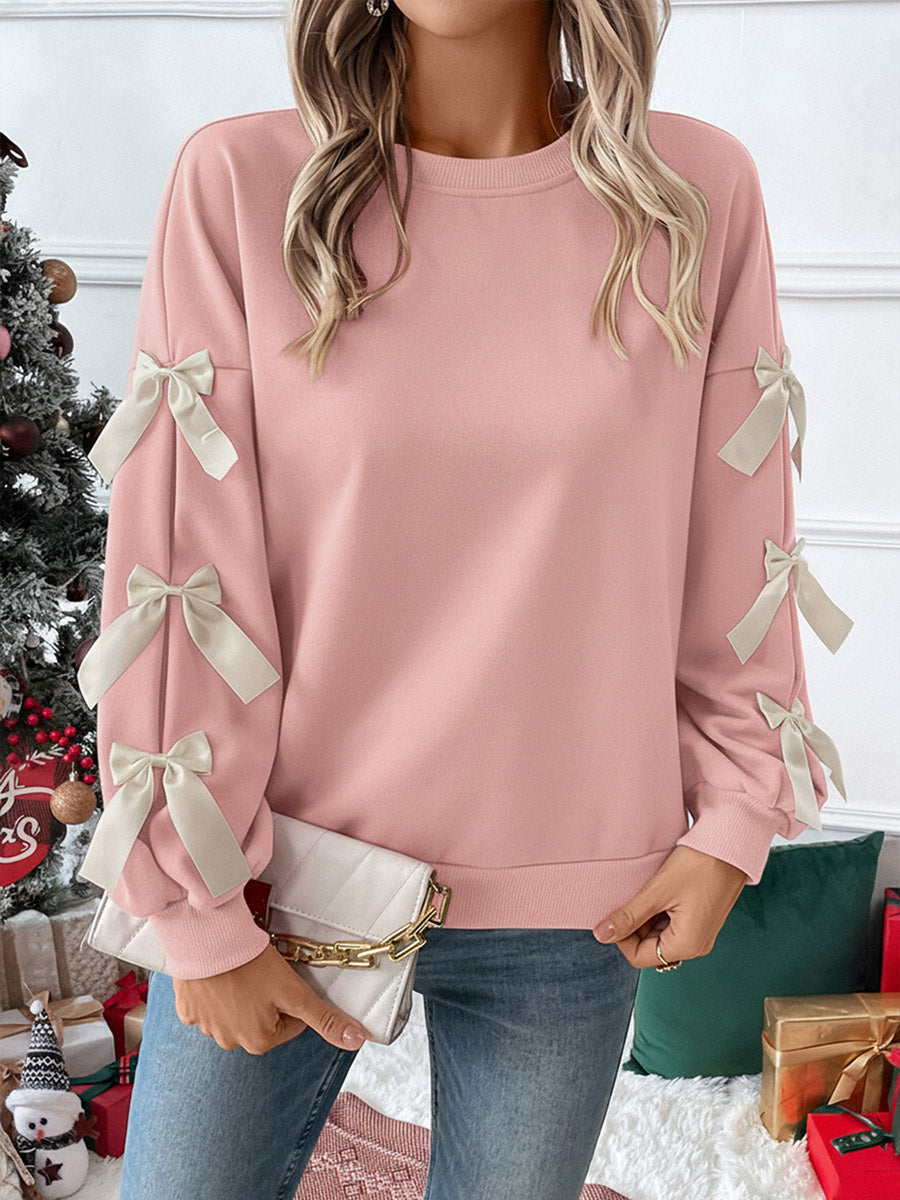 Split-Joint Contrast Color Bow-Embellished Loose Long Sleeves Round-Neck Sweatshirt Tops