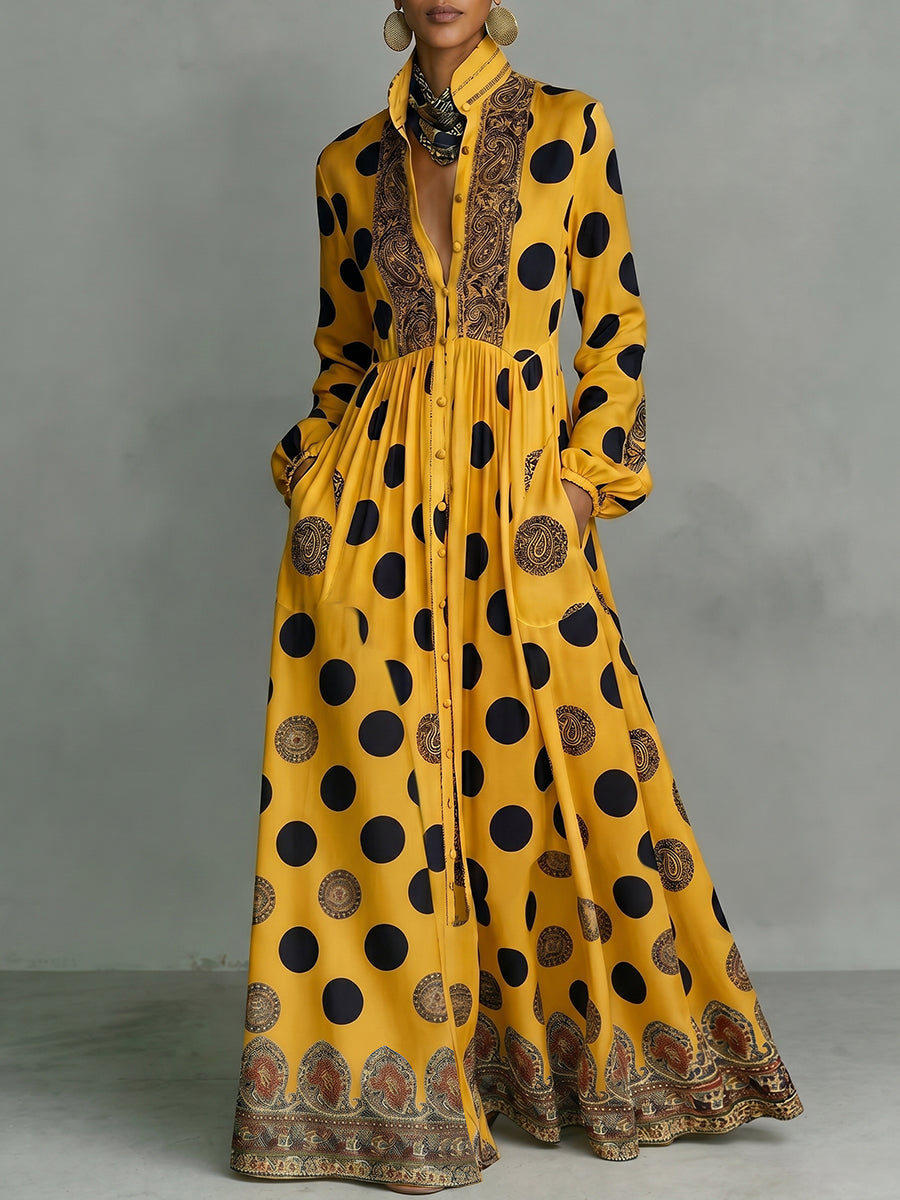 Polka-Dot Pockets Pleated Contrast Color Buttoned Big Hemline Puff Sleeves Loose Stand Collar Maxi Dresses