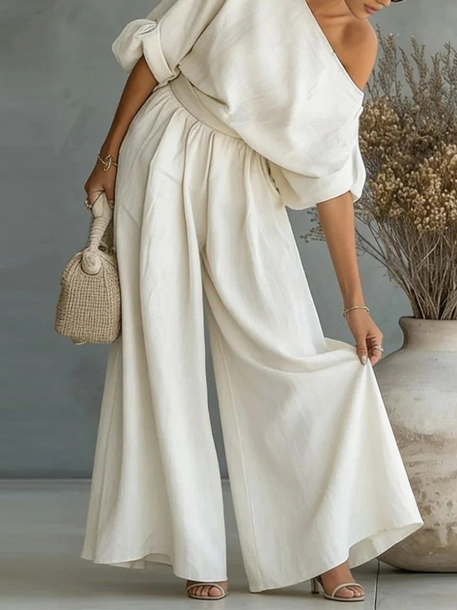 Loose Solid Color One-Shoulder Blouses&Shirts Tops + High Waisted Pleated Pockets Pants Trousers Two Pieces Set