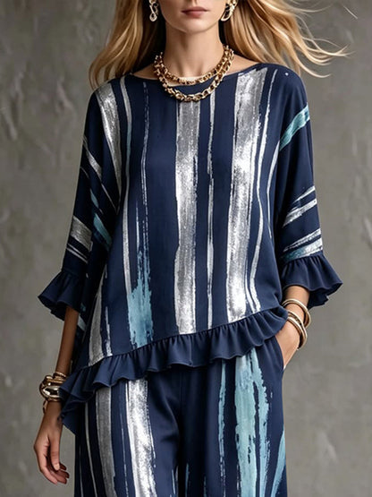 Split-Joint Ruffle Trim Printed Three-quarter Sleeves Ruffle Sleeves Round-neck Blouses&shirts Tops