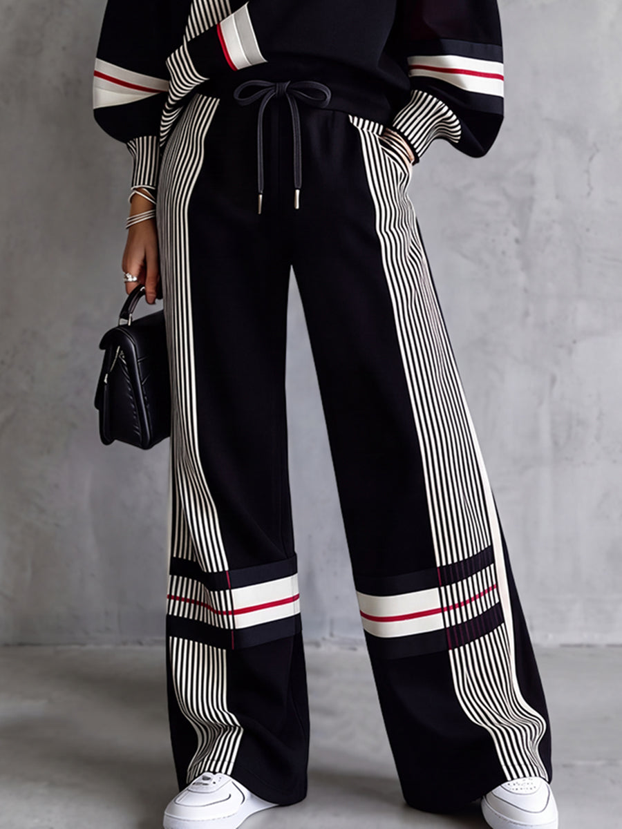 Striped Pockets Drawstring Contrast Color High Waisted Trousers Pants