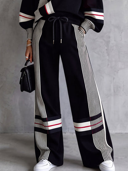 Striped Pockets Drawstring Contrast Color High Waisted Trousers Pants
