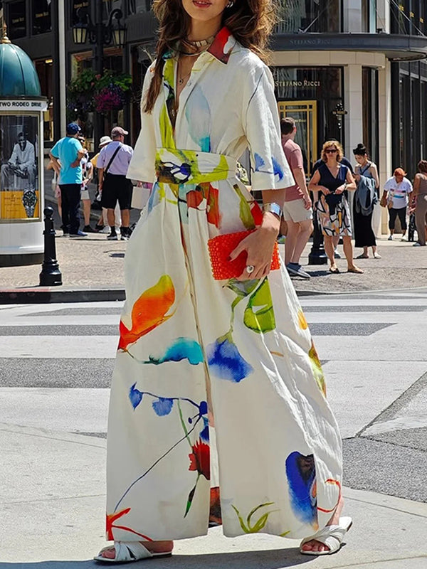 Robe chemise longue ample asymétrique à manches mi-longues, imprimée, fendue, nouée à la taille, à revers 