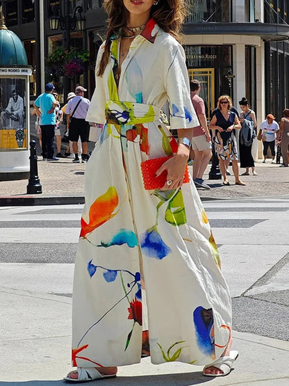 Robe chemise longue ample asymétrique à manches mi-longues, imprimée, fendue, nouée à la taille, à revers 