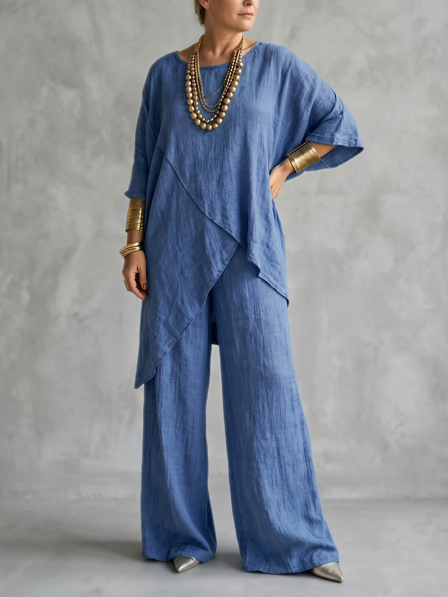 Loose Plus Size Asymmetric Solid Color Round-Neck Blouses&Shirts Tops + Pants Two Pieces Set
