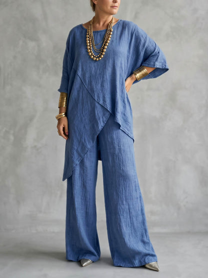Loose Plus Size Asymmetric Solid Color Round-Neck Blouses&Shirts Tops + Pants Two Pieces Set