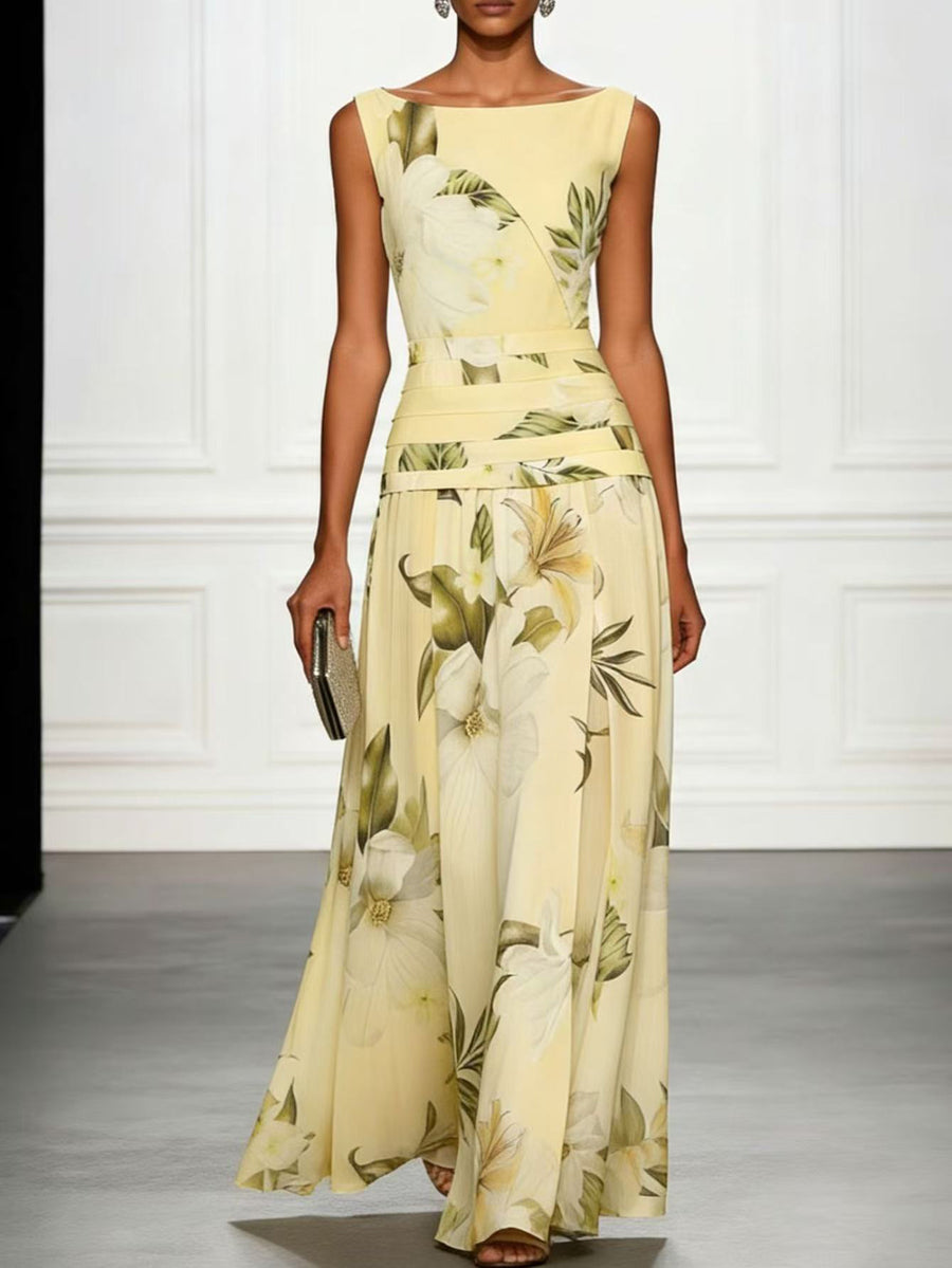 A-Line High Waisted Flower Print Pleated Split-Joint Zipper Round-Neck Maxi Dresses