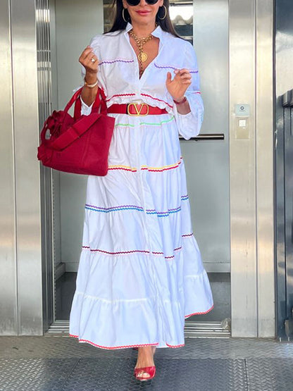 A-Line Long Sleeves Buttoned Contrast Color Elasticity Mock Neck Maxi Dresses