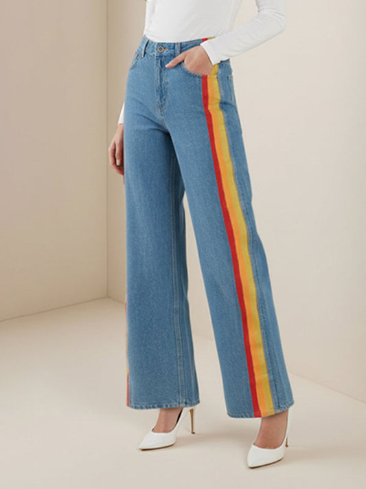 Wide Leg Contrast Color Plain Pockets Jean Pants Bottoms