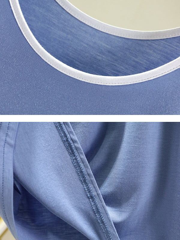 Home Wear Loose Sleeveless Contrast Color Round-Neck Vest&Shorts Pajamas Set