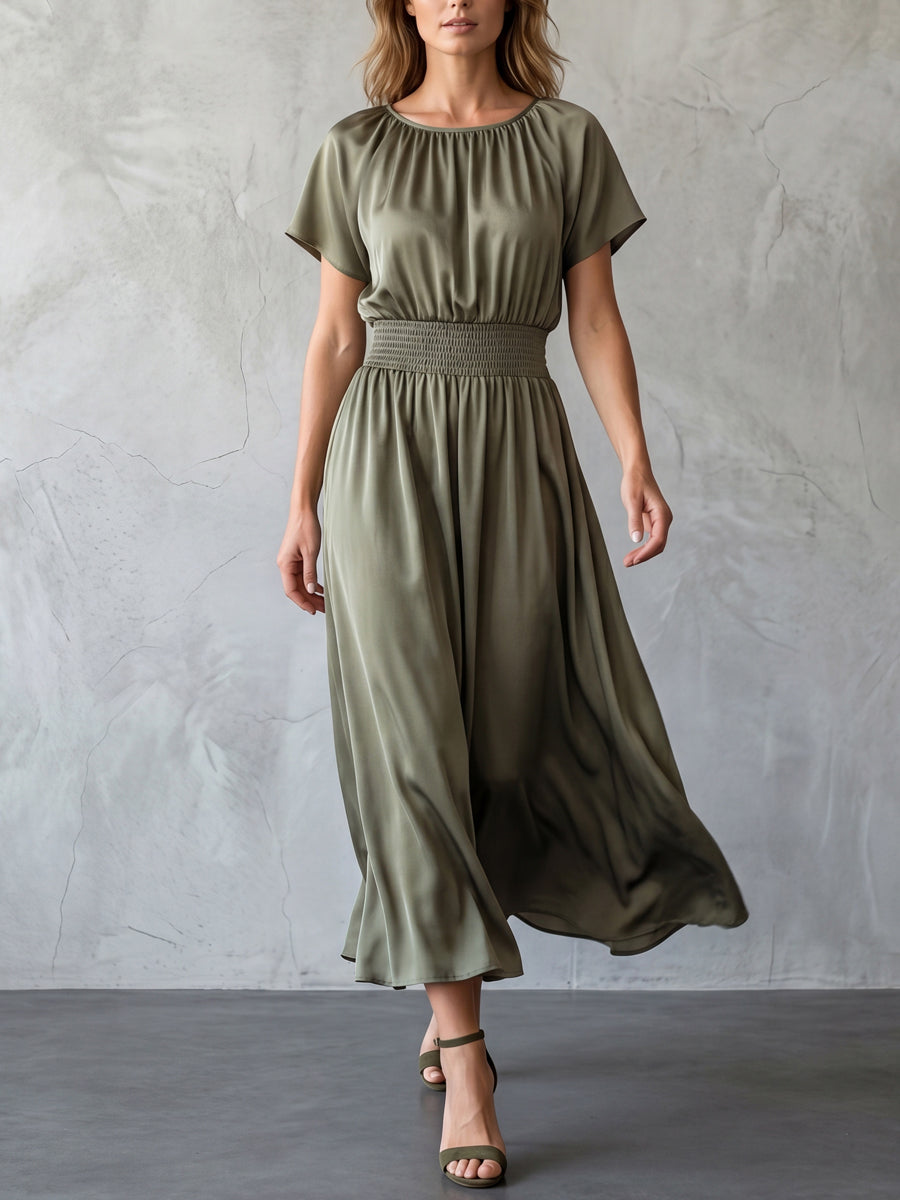 Batwing Sleeves High Waisted Elasticity Solid Color Round-Neck Maxi Dresses