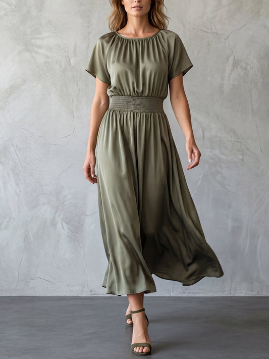 Batwing Sleeves High Waisted Elasticity Solid Color Round-Neck Maxi Dresses