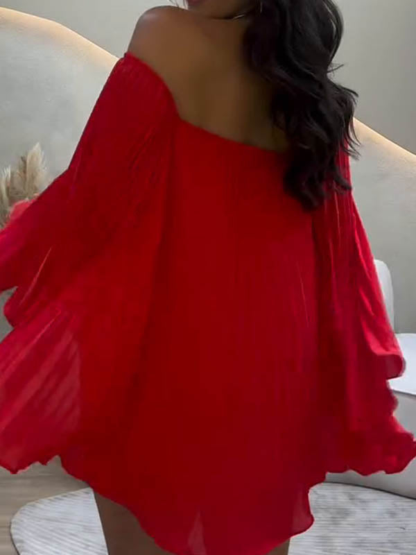 Batwing Sleeves Loose Pleated Solid Color Off-The-Shoulder Shirt Top + Shorts Bottom Two Pieces Set